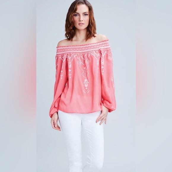 Etcetera Tops - ETCETERA Embroidered Off-Shoulder Coral Top Size 0